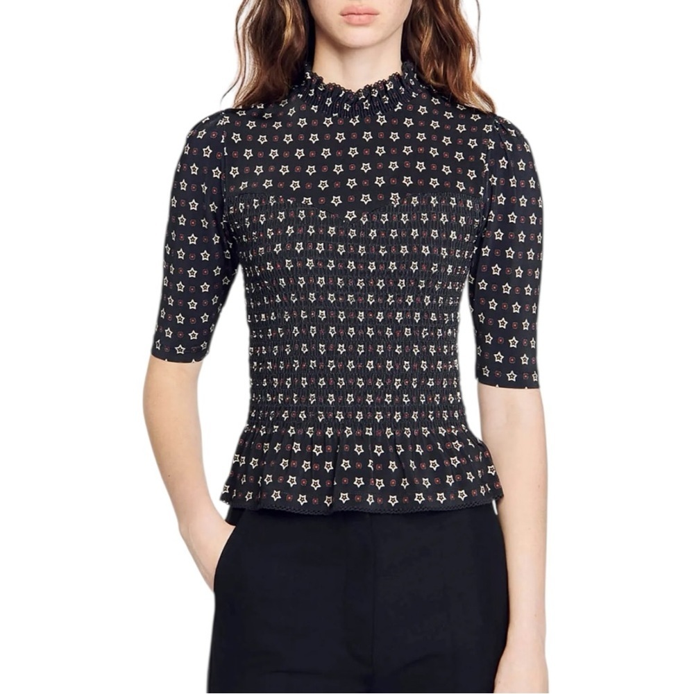 Sandro Starry Top Shirred Smocked Short Puff Sleeve Blouse Size Small Black Red